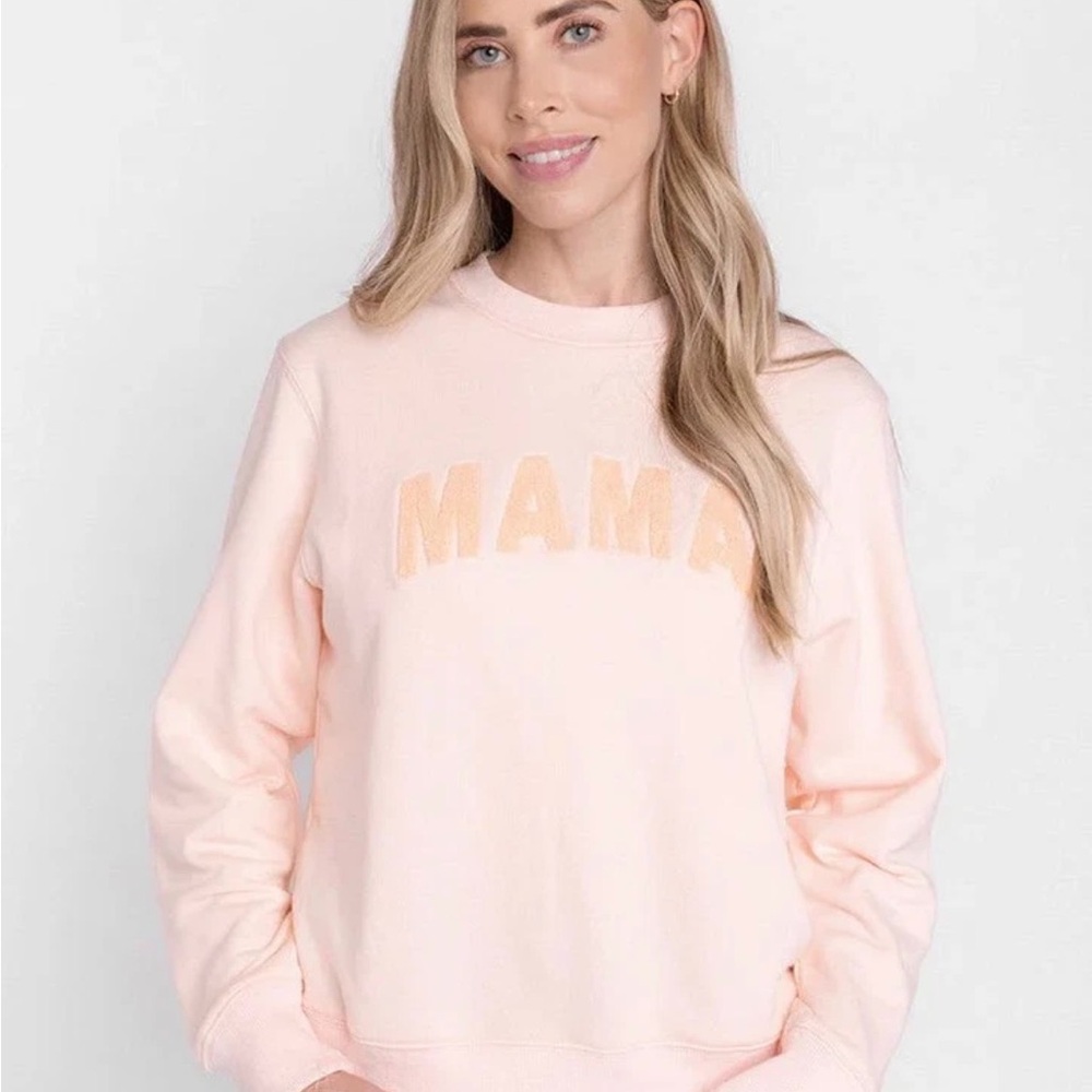 LE LA LO Chenille Mama Sweatshirt Sz L Peach Pink Crew Neck Cotton Pullover READ